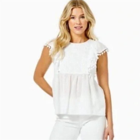Lilly Pulitzer Tops - Lilly Pulitzer Raquelle Top Swiss Dot Dobby Chambray White Peplum Embroidered L